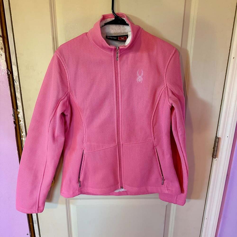 Women's Spyder Bright Pink Full Zip Fleece Sweater Jacket Sz L Double Sided Logo